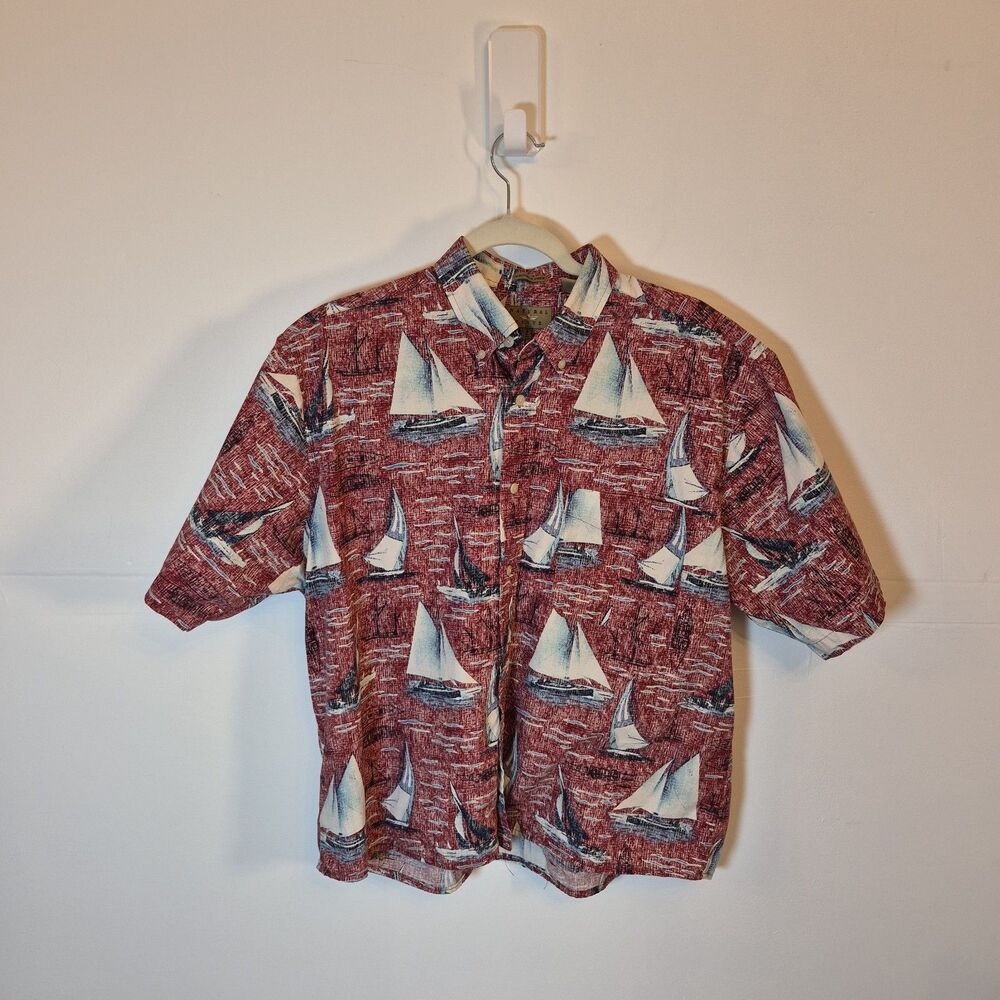 Natural Issue Mens Sailboat Print Shirt Size L Red Short Sleeve Button-Up Cotton